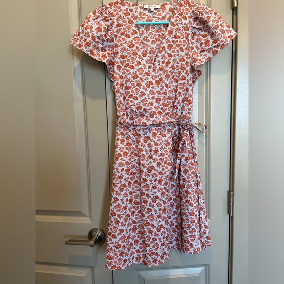 Madewell Fiore Floral Short-Sleeve Cotton Wrap Dress (Blue and Pink) Small - Picture 2 of 3